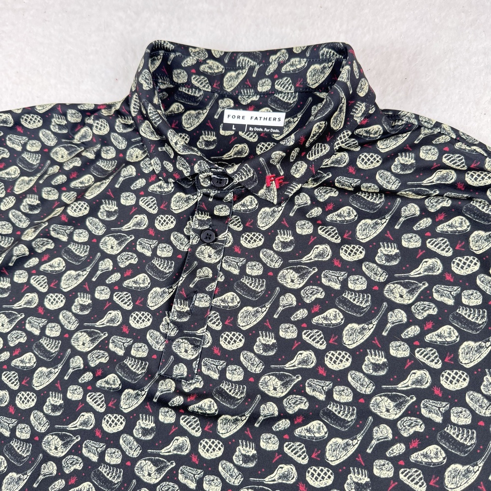 Fore Fathers Polo Shirt Mens Size L Black BBQ Meat Graphic Golf Stretch Novelty